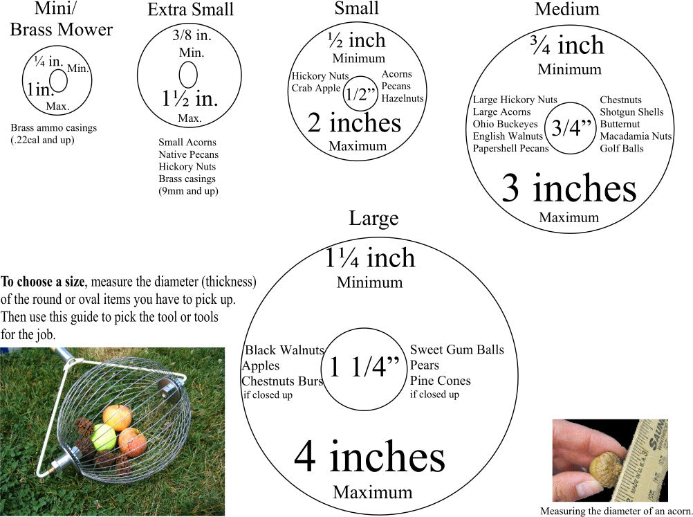 Nut Wizord Size Guide showing the diameter of objects that can picked up by which size Nut Wizard.  Mini picks up 1/4" to 1" objects.  Extra Small picks up 3/8" to 1.5" objects.  Small picks up .5" to 2" objects. Medium picks up .75" to 3" objects.  Large picks up 1.25" to 4" objects.