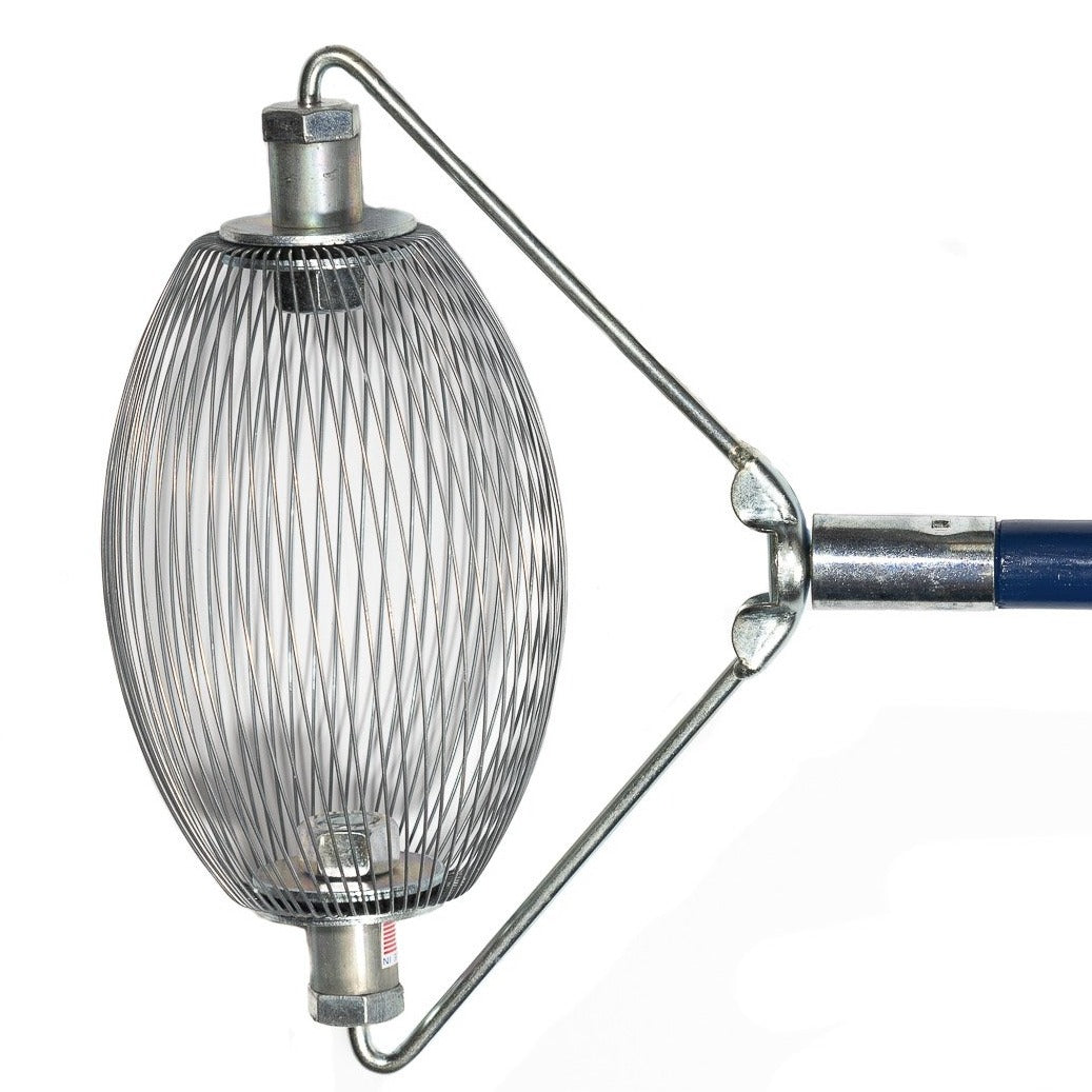 An Extra-Small Nut Wizard® with its many wires that are held together with metal plates to create a "basket,"; The plates have two large bolts sticking out on either end. The bolts are attached to a “bail,” a thin metal wire-type part bent in three points with a threaded piece in the center that attaches the Nut Wizard® basket to a blue, four-foot wooden handle.