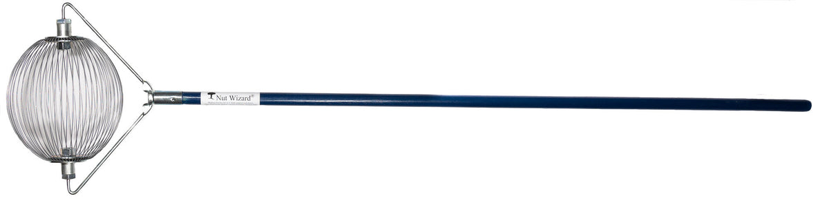 A Medium Nut Wizard® with its many wires that are held together with metal plates to create a "basket,"; The plates have two large bolts sticking out on either end. The bolts are attached to a “bail,” a thin metal wire-type part bent in three points with a threaded piece in the center that attaches the Nut Wizard® basket to a blue, four-foot wooden handle. The handle has a white label with a tree and the words "Nut Wizard®" on it.