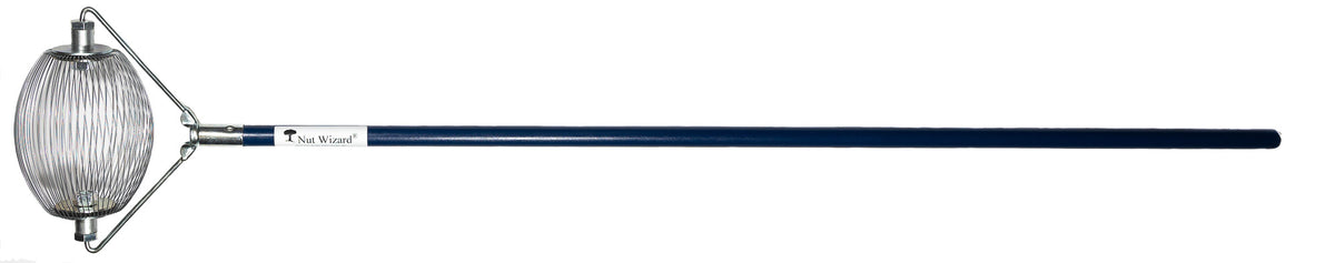 A Small Nut Wizard® with its many wires that are held together with metal plates to create a "basket,"; The plates have two large bolts sticking out on either end. The bolts are attached to a “bail,” a thin metal wire-type part bent in three points with a threaded piece in the center that attaches the Nut Wizard® basket to a blue, four-foot wooden handle. The handle has a white label with a tree and the words "Nut Wizard®" on it.
