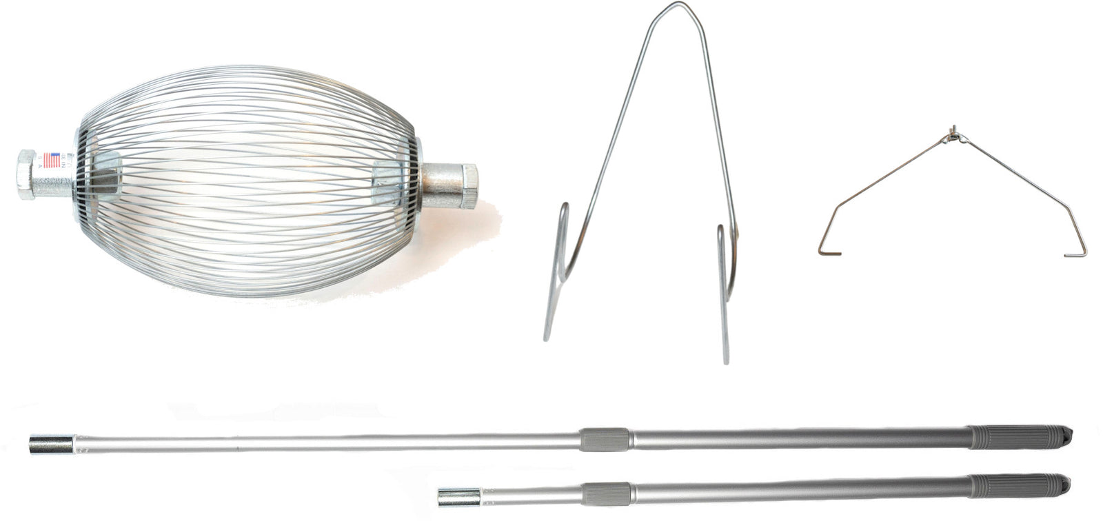 The various replacement parts for a Nut Wizard including basket, bail, handles and opener.