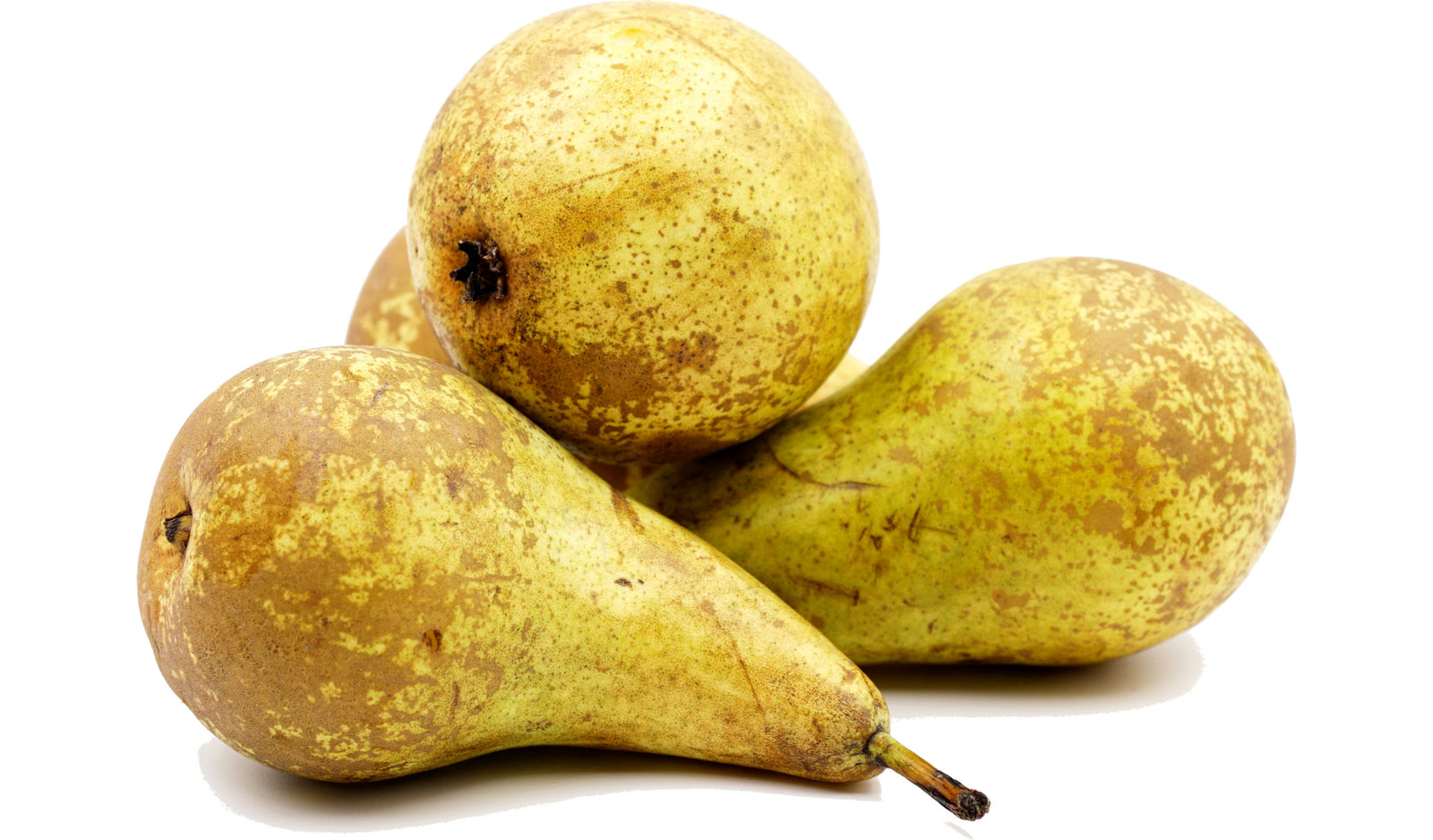 four stacked pears with a white background