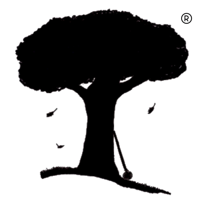 Silhouette of an Oak Tree with falling leaves and a Nut Wizard tool resting against the trunk
