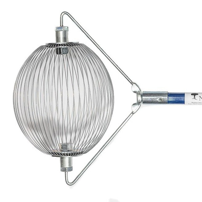 A Medium Nut Wizard® with its many wires that are held together with metal plates to create a "basket,"; The plates have two large bolts sticking out on either end. The bolts are attached to a “bail,” a thin metal wire-type part bent in three points with a threaded piece in the center that attaches the Nut Wizard® basket to a blue, four-foot wooden handle.