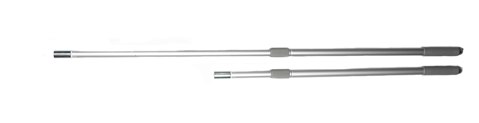 Two of the same silver aluminum extension handle; One expanded to its full length, the other at its shortest.