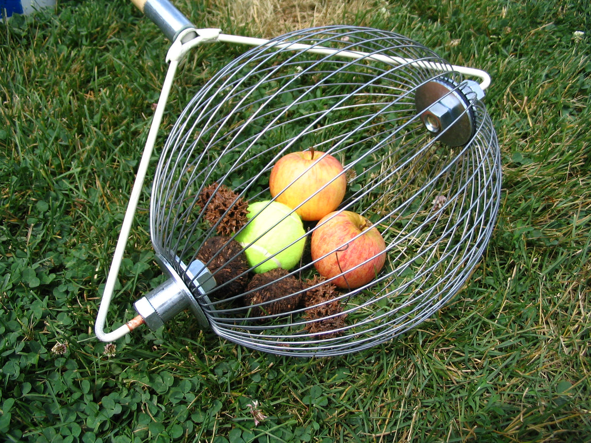 A Large Nut Wizard® holding four  sweet gum balls and three types of apples in its basket outside on grass.