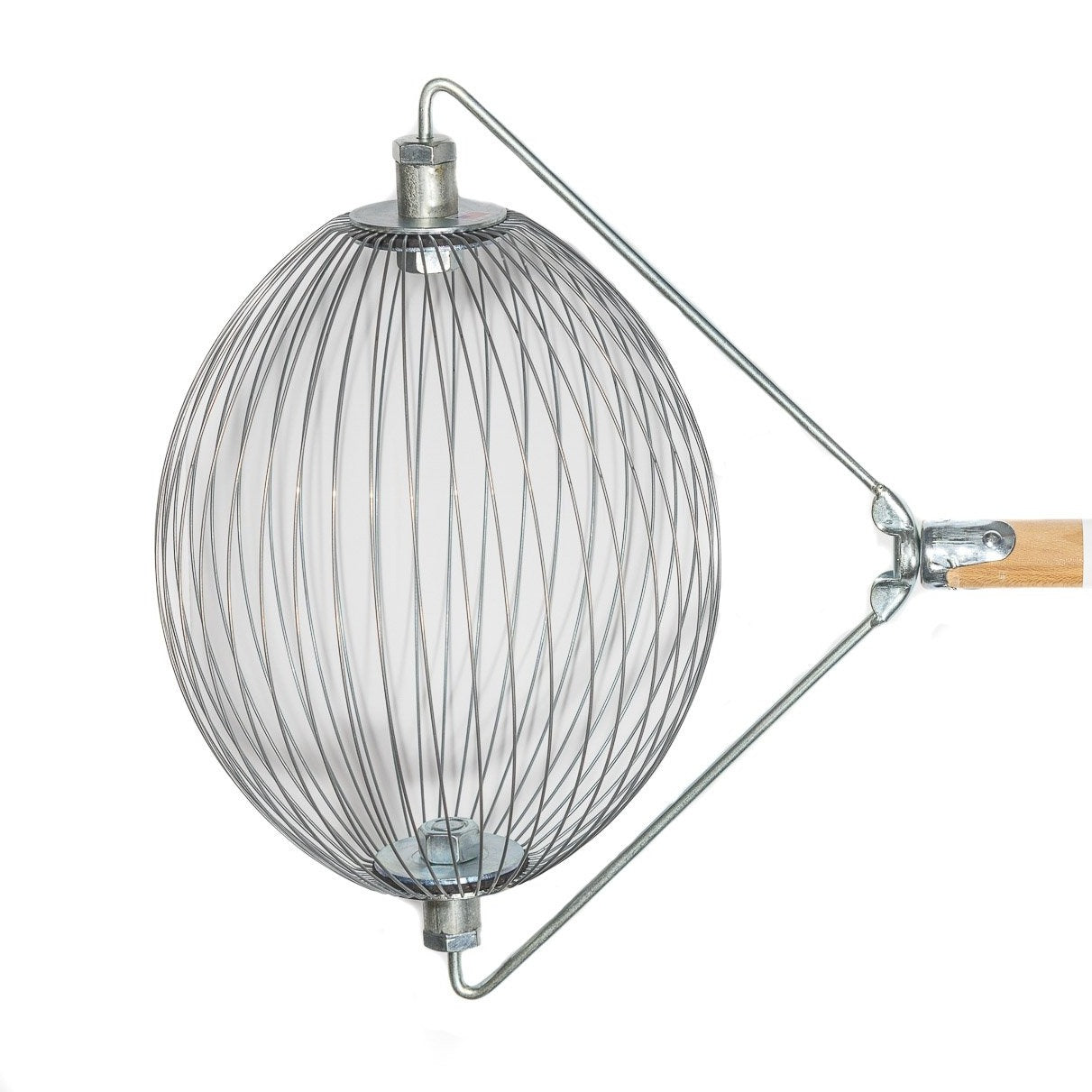 A Large Nut Wizard® with its many wires that are held together with metal plates to create a "basket,"; The plates have two large bolts sticking out on either end. The bolts are attached to a “bail,” a thin metal wire-type part bent in three points with a threaded piece in the center that attaches the Nut Wizard® basket to a pine, four-foot wooden handle.