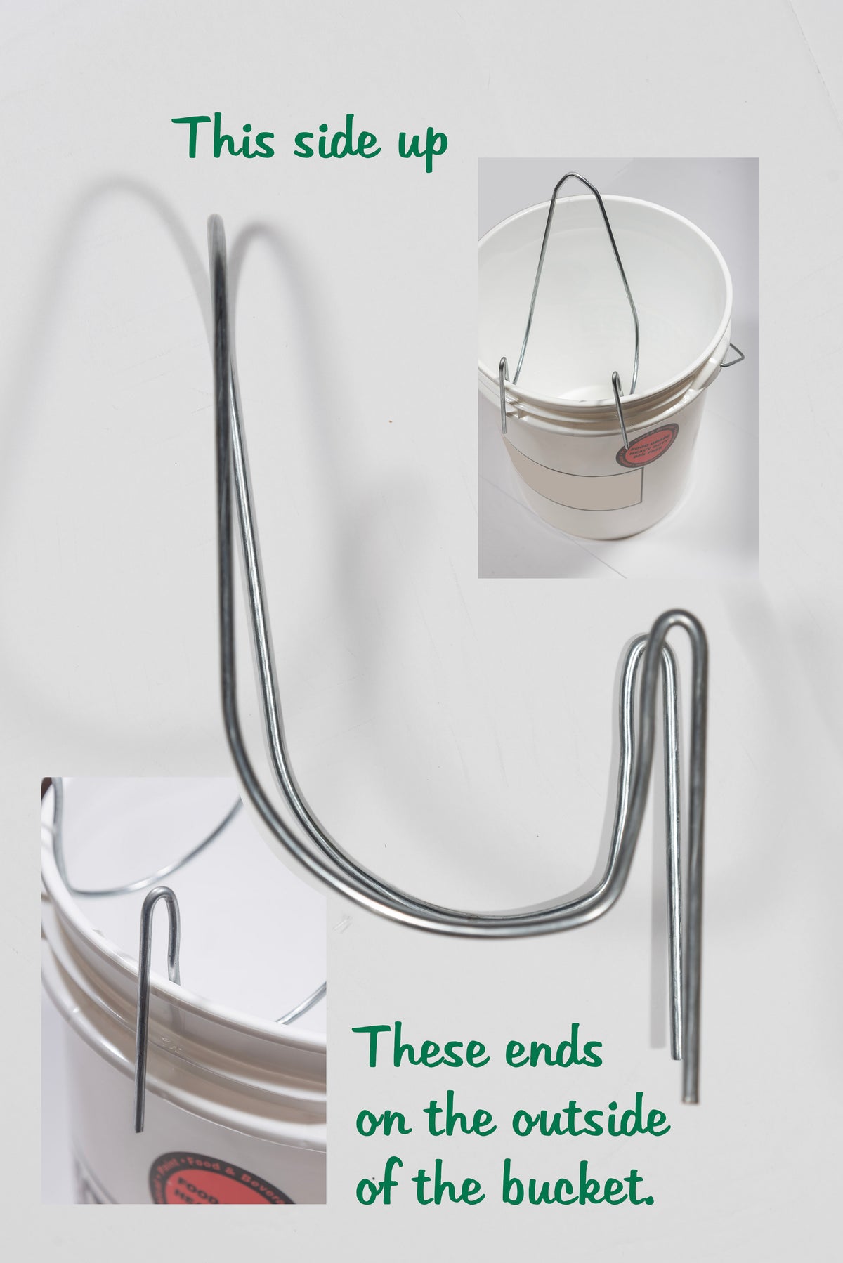 Instructions on how to attach the unloader to a bucket (with the round side pointed up and the ends of the unloader hooked to the outside of the edge of the bucket) with two images showing a white bucket attached with an unloader and one image of the unloader showing the direction it should be oriented.